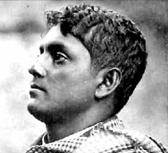Profile photograph of Jatindranath Mukherjee looking upward.